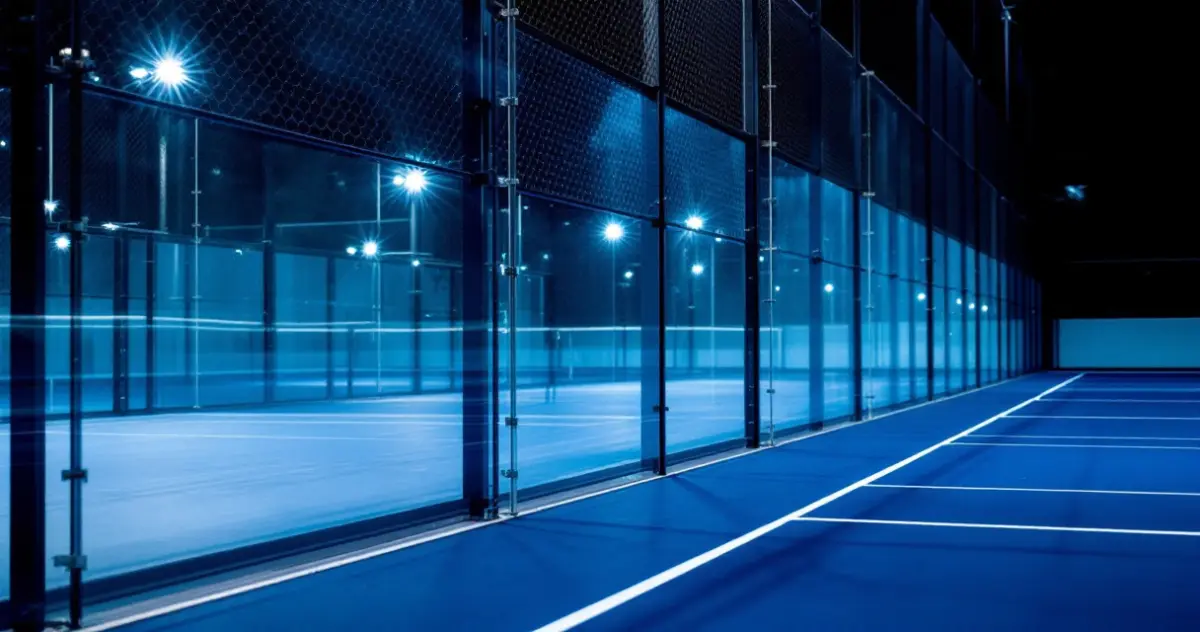 Blick entlang der Glaswand eines Padelcourts bei Nacht: Glasscheiben in dunklen Metallrahmen, darüber Gitter, Flutlicht spiegelt sich im Glas, weiße Linien auf blauem Boden