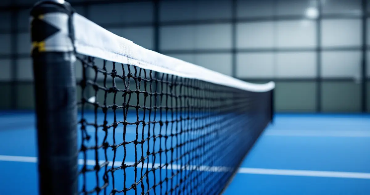 Padelnetz und Netzpfosten aus Bodenhöhe von der Seite, weißes Netzband oben, blauer Boden, Glaswände im Hintergrund
