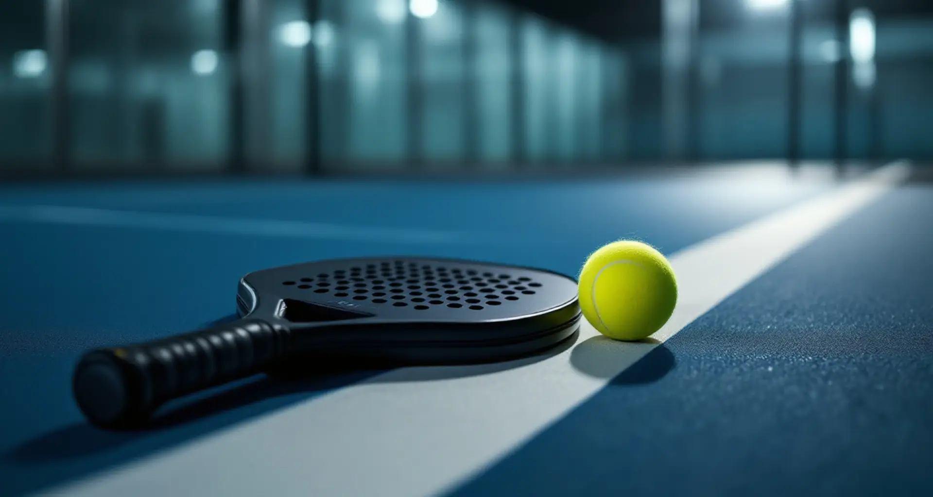 Ein Padelschläger mit gelochter Schlagfläche und ein gelbgrüner Ball liegen auf der weißen Linie eines blauen Courts bei Nacht, dahinter die Glaswand im Flutlicht