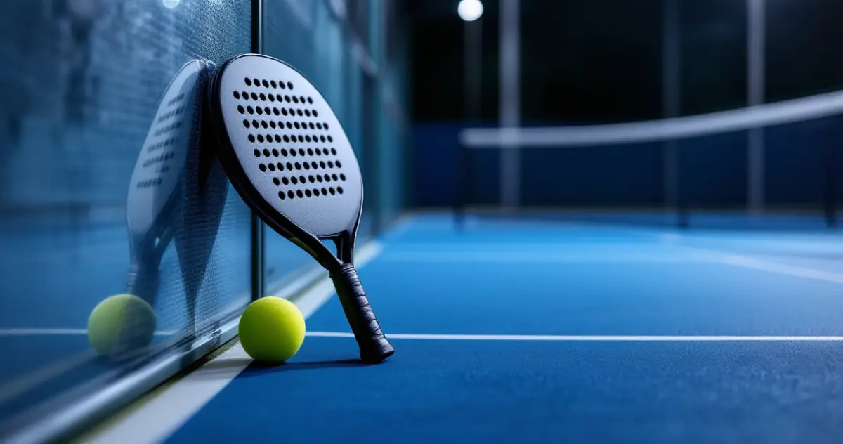 Ein einzelner Padelschläger lehnt an der Glaswand eines Courts, daneben liegt ein gelbgrüner Padelball auf dem blauen Boden