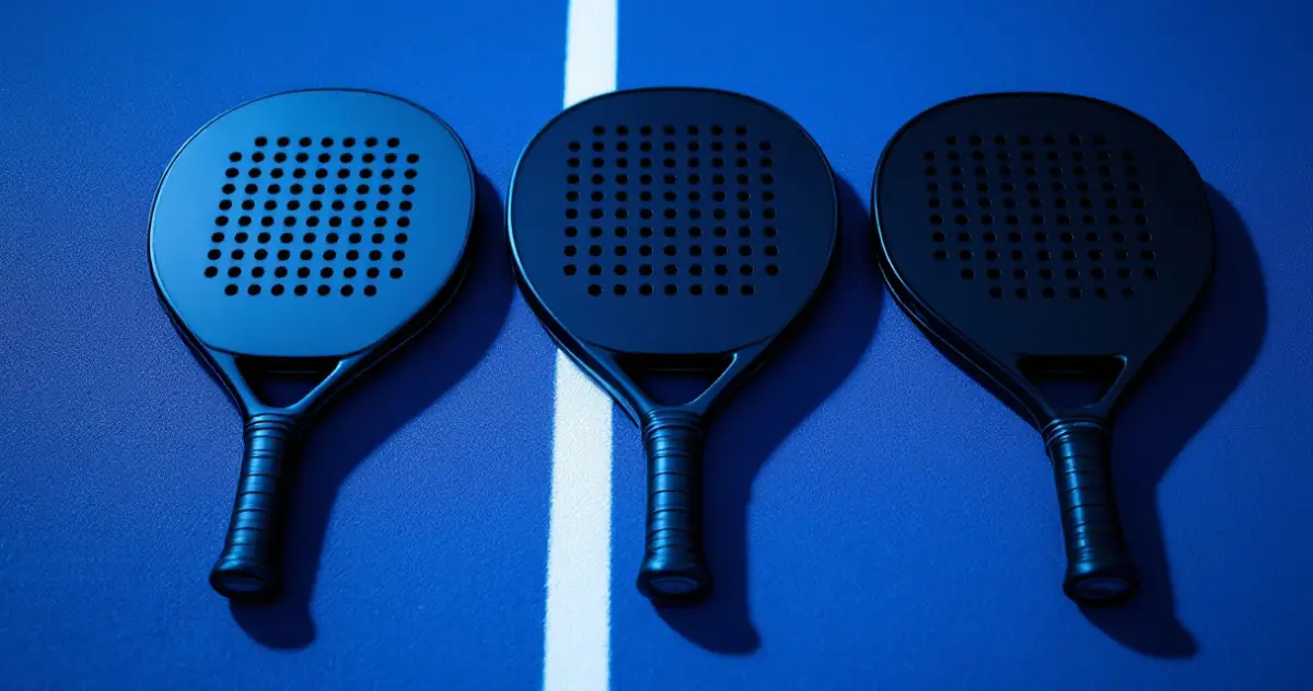 Drei dunkle Padelschläger ohne Aufdruck mit gelochten Schlagflächen liegen nebeneinander auf einem blauen Court, dazwischen verläuft eine weiße Linie