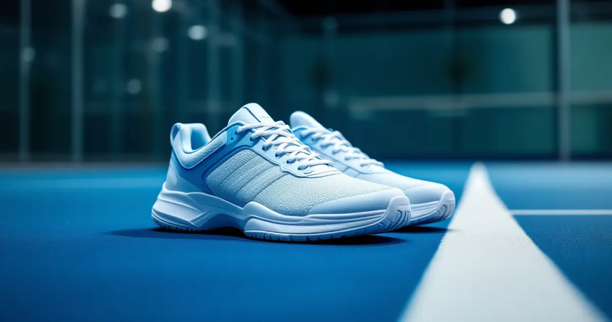 Ein Paar hellblau-weiße Court-Schuhe ohne Logo steht auf einem blauen Padelcourt neben einer weißen Linie, im Hintergrund unscharf die Glaswand